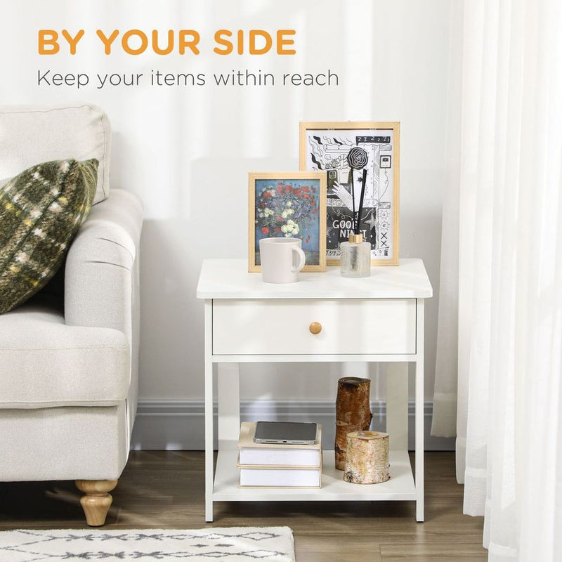 Multi-Purpose White Bedside Table with Drawer & Shelf - Storage for Bedroom, Sofa, & More