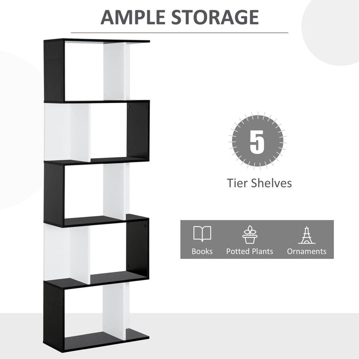 Unique 5-tier S-Shape Bookcase Storage Display Shelving Unit Divider - Black