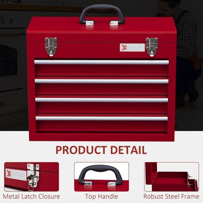 DURHAND Lockable 4 Drawer Tool Chest with Ball Bearing Slide Drawers Red