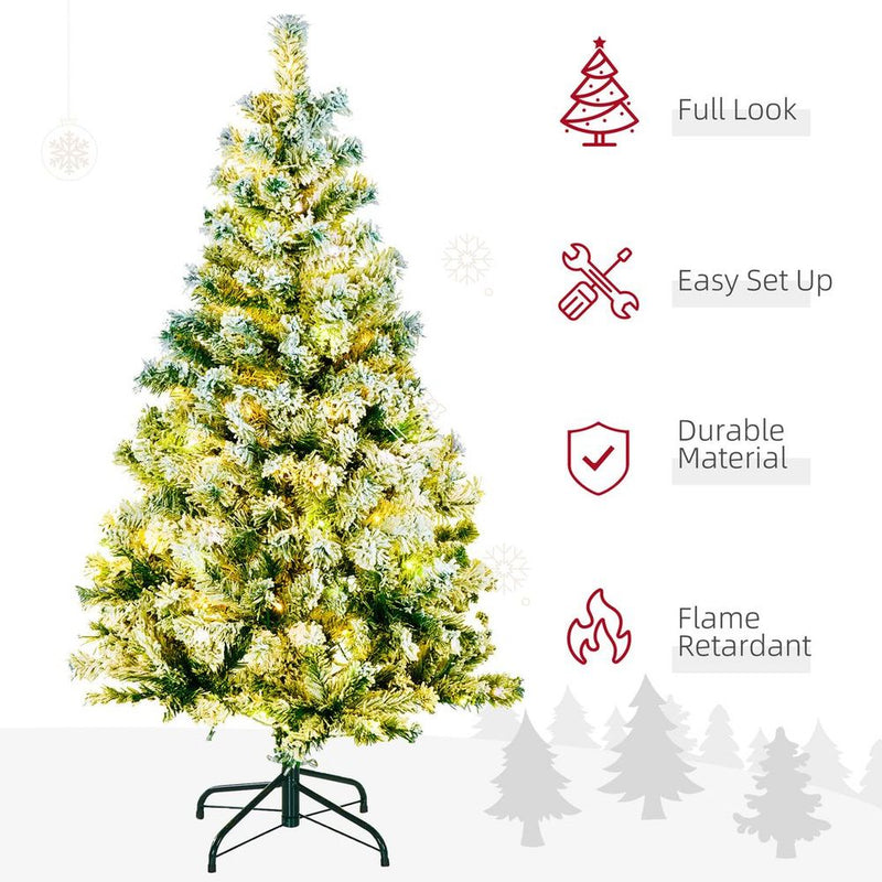 HOMCOM 4.5ft Artificial Flocked Christmas Tree with LED Lights, Snow Branches