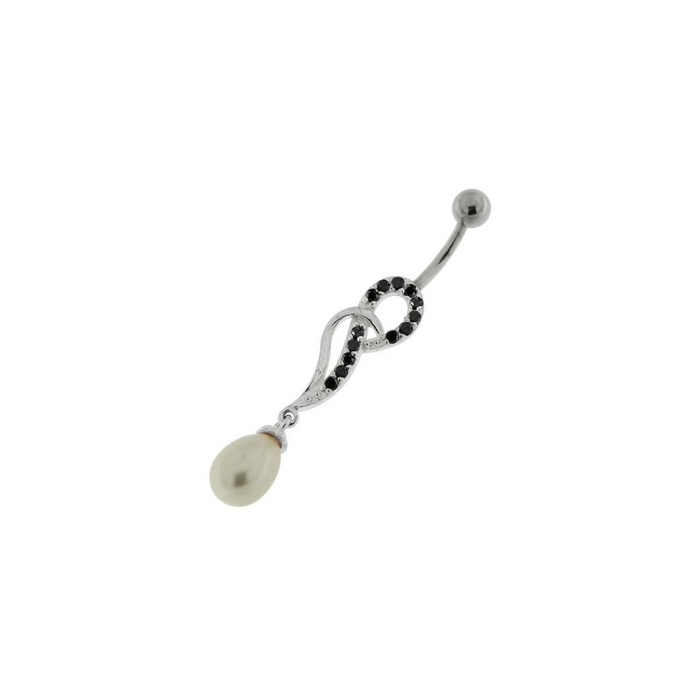 Jeweled Fancy Pearl Silver Dangling Curved Bar Belly Ring