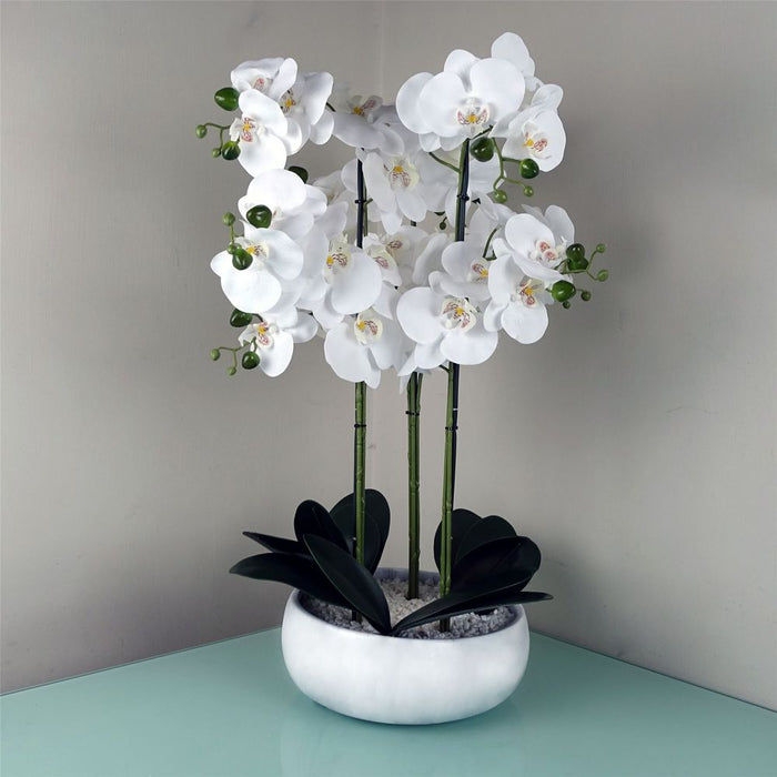 High-quality 60cm White Orchid | Artificial | Marble-Ceramic Planter