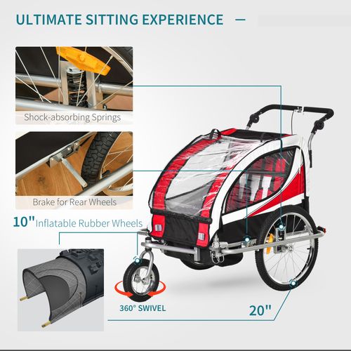HOMCOM Child Bike Trailer, Baby Bicycle Trailer for 2 Kids with 5 Point Harness, Steel Frame, Reflectors, Safety Flag, Hitch Coupler, Red
