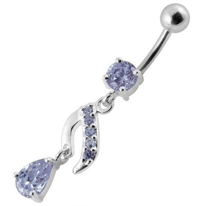 Fancy Jeweled Silver Dangling Curved Belly Ring