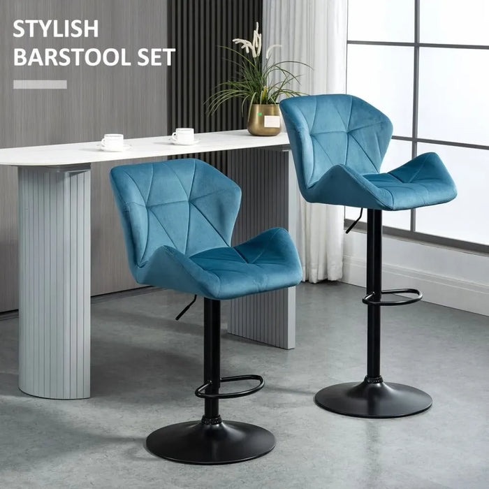 Set Of 2 Luxurious Velvet-Touch Bar Stools w/ Metal Frame Footrest Base Blue