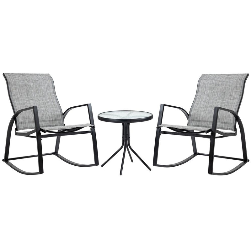 Outdoor Rocking Chair Set w/ Glass Table - Patio Bistro Furniture - Steel Frames