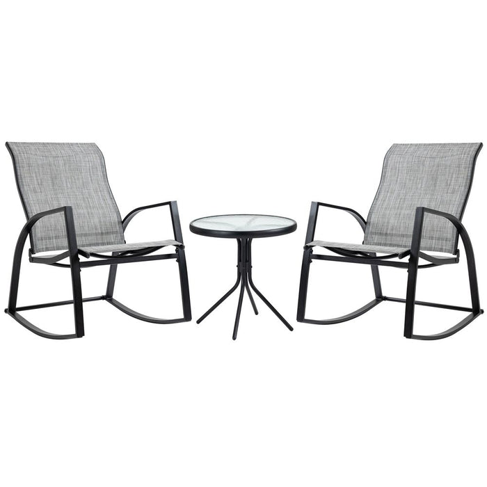 Outdoor Rocking Chair Set w/ Glass Table - Patio Bistro Furniture - Steel Frames