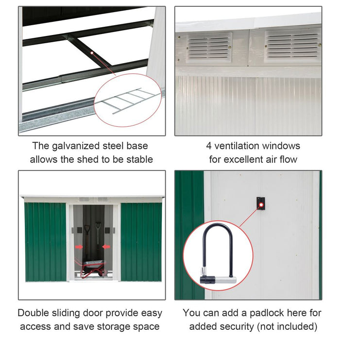 9ft Garden Storage Shed - Metal, Ventilated, Double Doors. High-Quality Tool Box for Equipment.