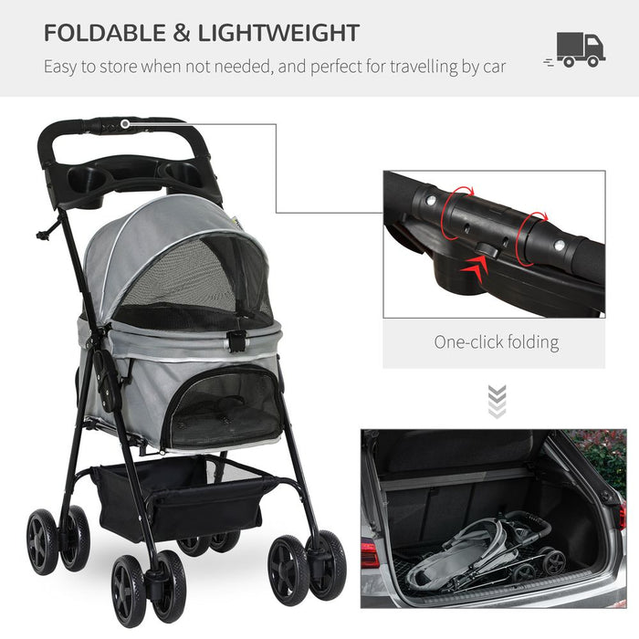 PawHut Pet Stroller: No-Zip, Foldable, Travel Carriage with Brake, Basket, Adjustable Canopy