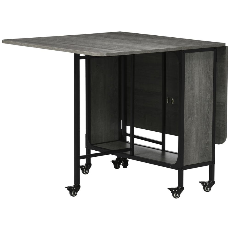 HOMCOM Mobile Drop Leaf Table Folding Kitchen Table Extendable Dining Table For Small Spaces With 6 Wheels & Storage Shelf Grey