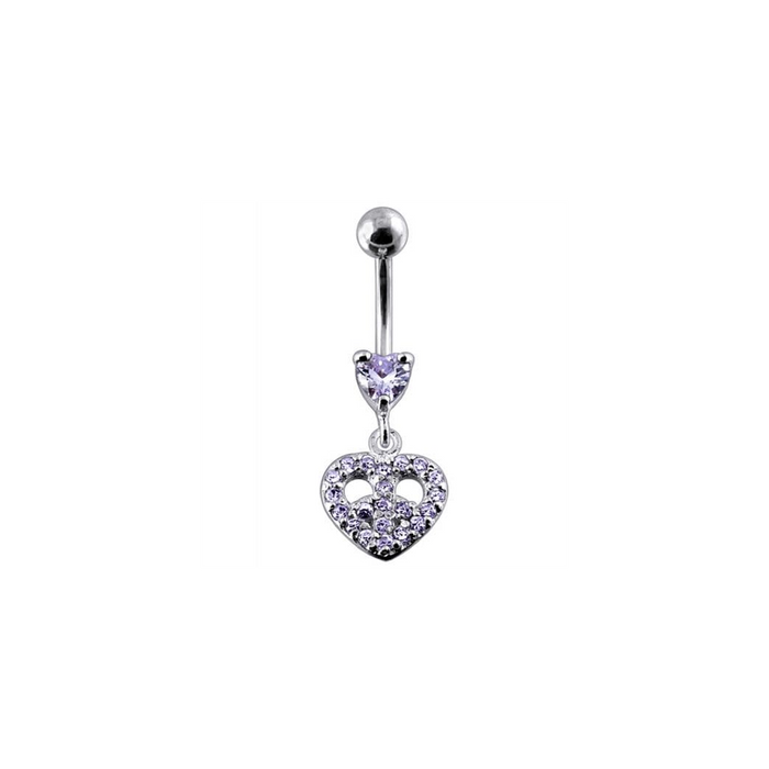 Jeweled Fancy Heart Shape Silver Dangling SS Bar Curved Belly Ring