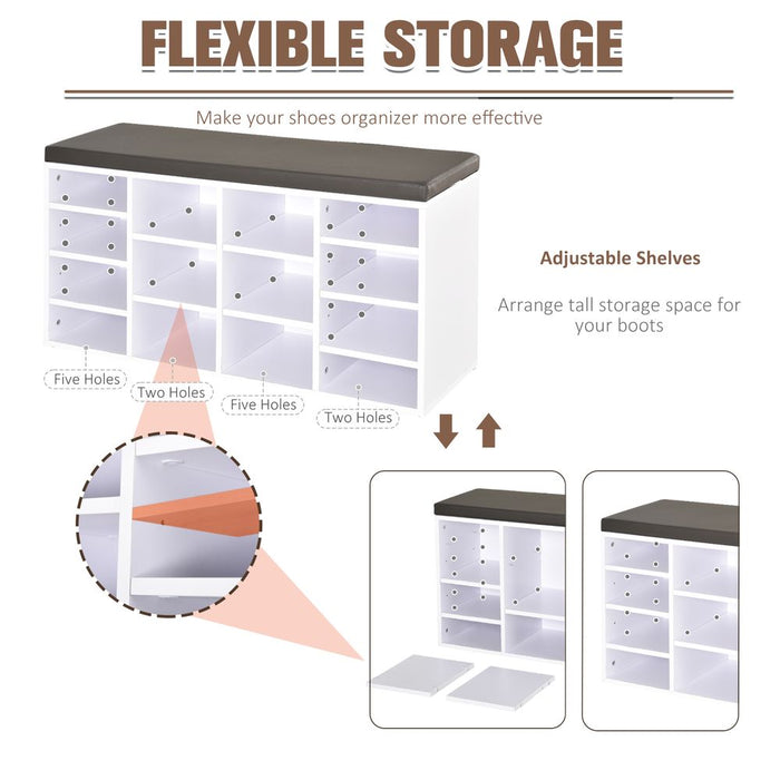 Space-Saving PU Leather Shoe Storage: 14-Compartment Bench in Brown/White