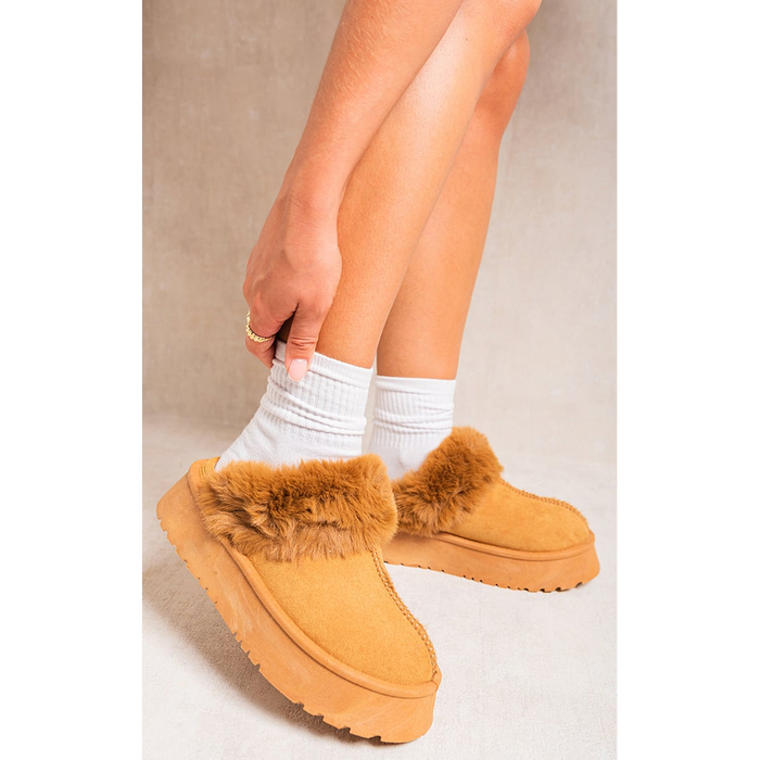 Fashion-Forward Faux Fur Trim Platform Slippers