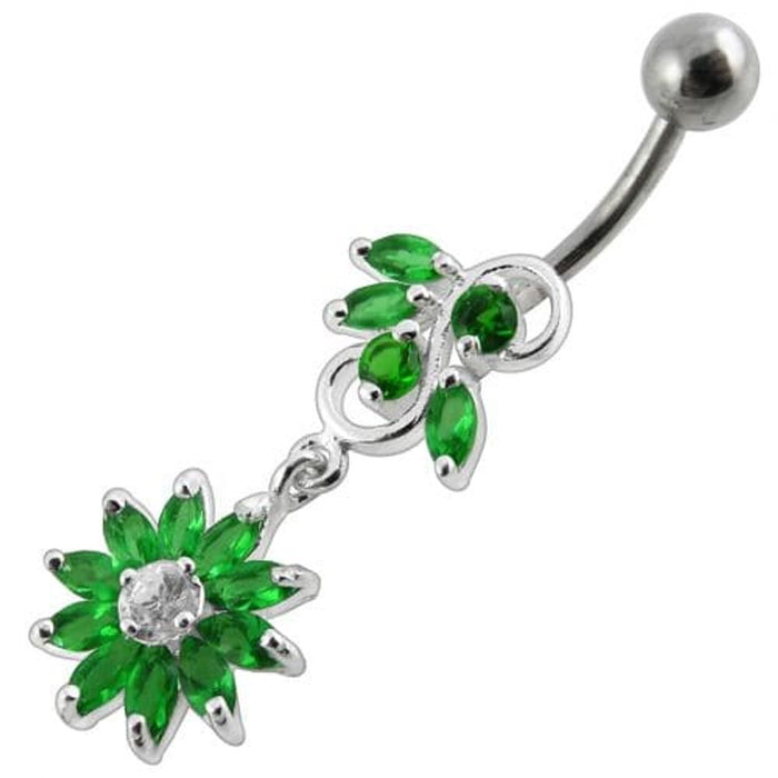 Fancy White Stone Jeweled Flower Dangling Navel Ring