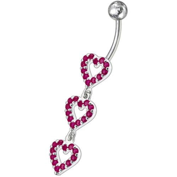 Triple Heart Dangling Fancy Multi Jeweled Curved Bar Belly Ring