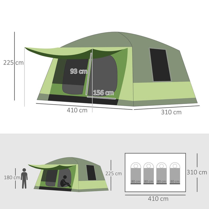 Outsunny Two Room Dome Tent w/Porch for 4-8 Man, Camping Backpacking Shelter w/Mesh Windows, Zipped Doors, Lamp Hook & Portable Carry Bag