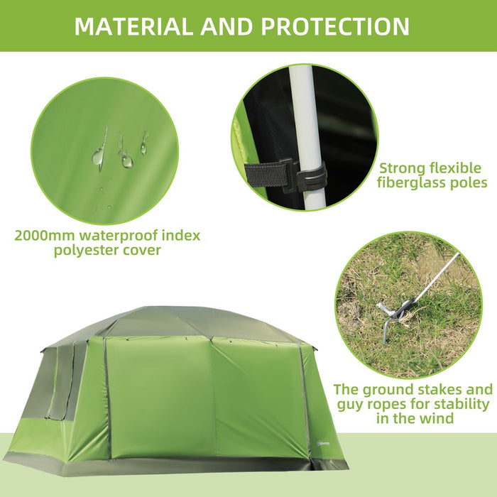 Outsunny Two Room Dome Tent w/Porch for 4-8 Man, Camping Backpacking Shelter w/Mesh Windows, Zipped Doors, Lamp Hook & Portable Carry Bag