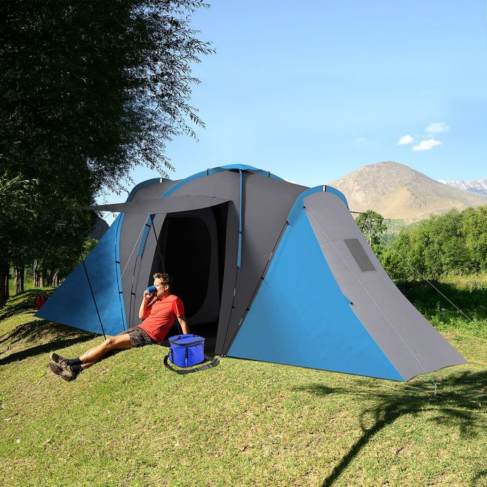Outsunny 4-6 Man Camping Tent with 2 Bedroom and Living Area, Grey and Blue