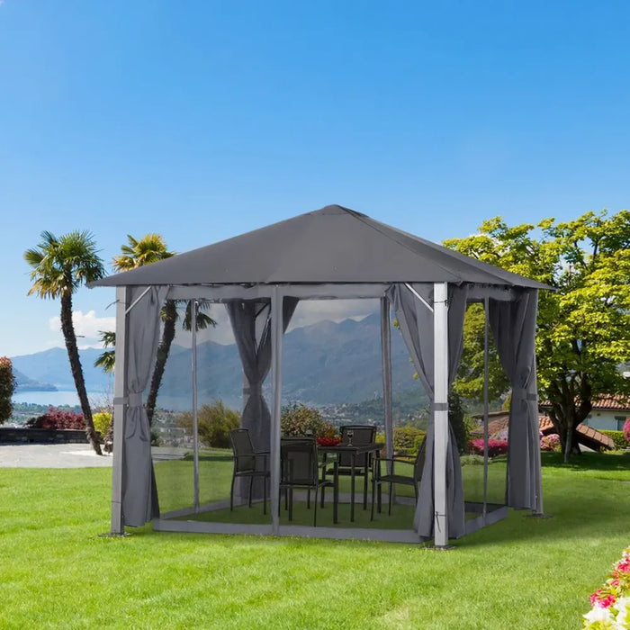 Spacious 2.6m Outdoor Gazebo, Steel Wood Grain Frame, Mesh Curtain Sidewalls, Sun Shelter