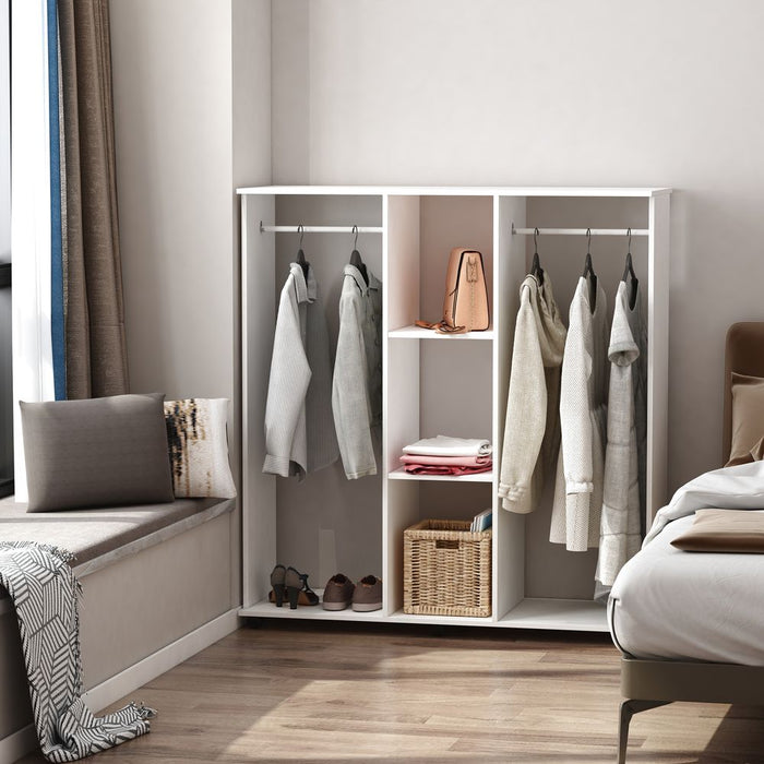 Mobile Double Open Wardrobe w/ Clothes Hanging Rail Colthing White