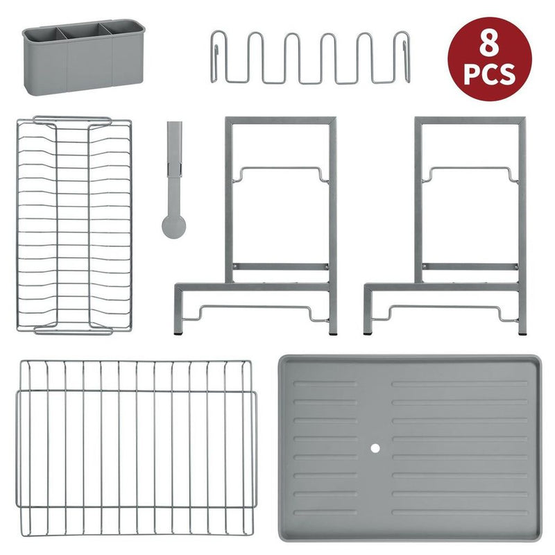 Vinsani Dish Drying Drainer Rack 2 Tier Space Saving Dish Rack Modern Kitchen Drying Rack with Cutlery Holder Auto Drainage System Dish Draining Rack for Kitchen Countertop (Grey)