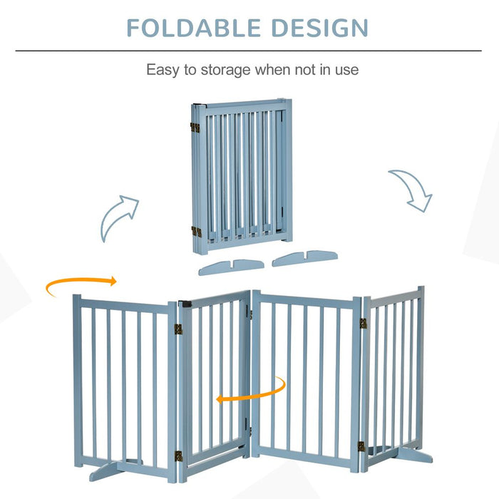 PawHut Freestanding Pet Gate for Small and Medium Dogs, Wooden Foldable Dog Safety Barrier with 4 Panels, 2 Support Feet, 80 cm Tall for Doorways, Stairs Blue-grey