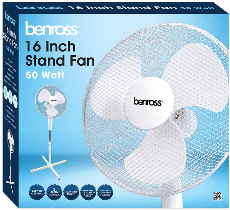 Benross 16" 3-Speed Stand Fan - Oscillating & Tilting Head - White