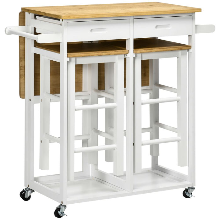 HOMCOM Bamboo Breakfast Cart with Drop Leaf Table and 2 Stools