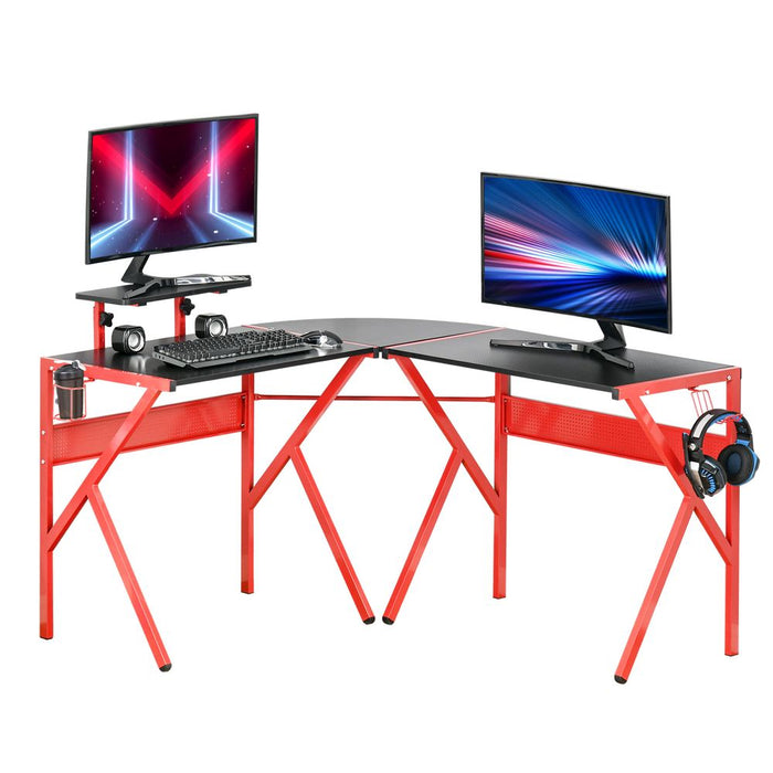 Premium Gaming Desk: L-Shaped PC Workstation, Monitor Stand, 49.25" x 49.25" x 29.5", Red