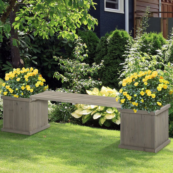 Premium Wood Garden Planter & Bench Combo - Raised Bed Patio - Grey