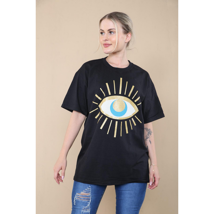 LADIES SEQUIN EYE PRINTED OVERSIZED SHORT SLEEVE T SHIRT TOP