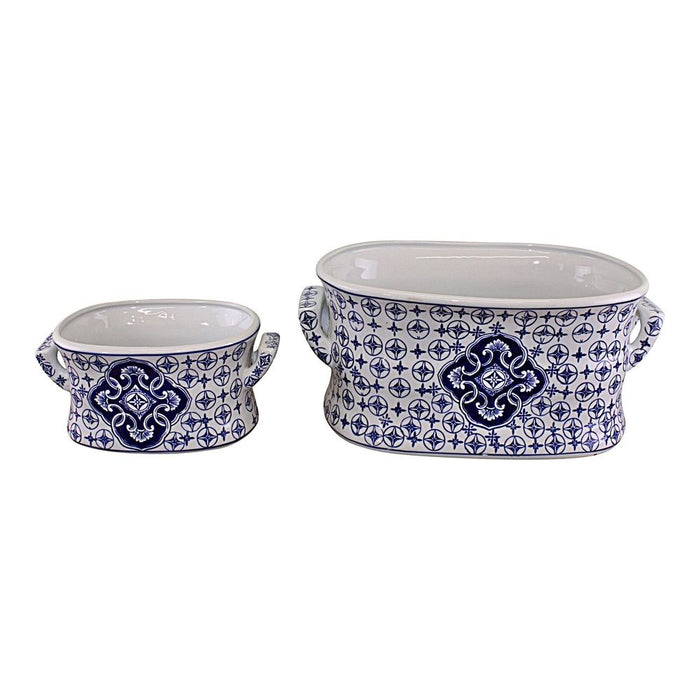 Vintage Blue & White Ceramic Footbath Planters-Set of 2-Perfect for Stylish Home or Patio Displays