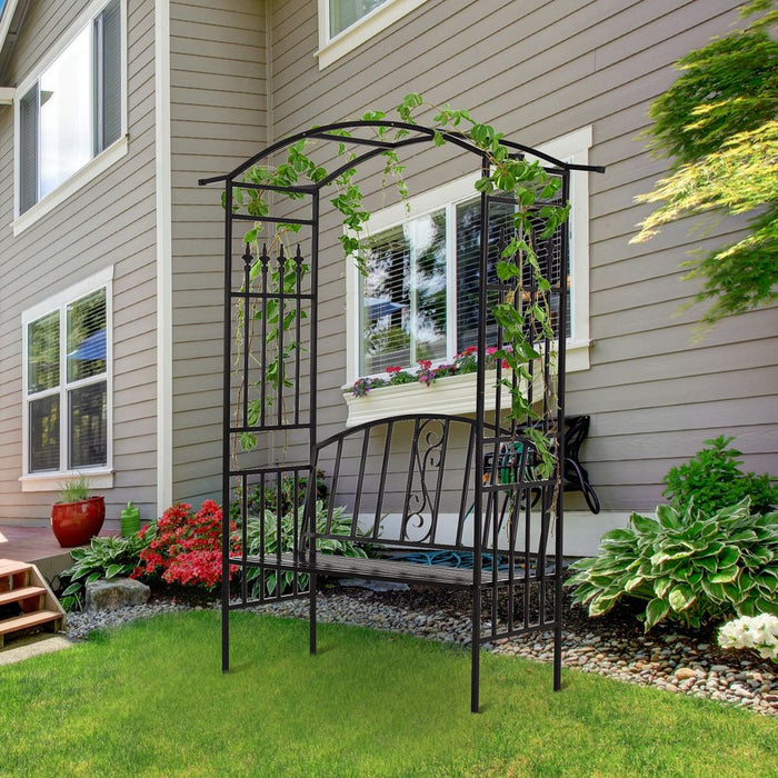 Durable Black Steel Frame Garden Arch w/ 2-Seater Bench - Perfect for Climbing Plants & Relaxing