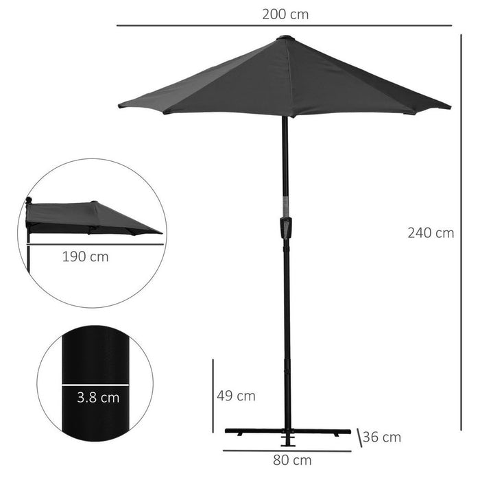 Premium Outsunny 2m Half Garden Parasol  - Crank Handle, Black