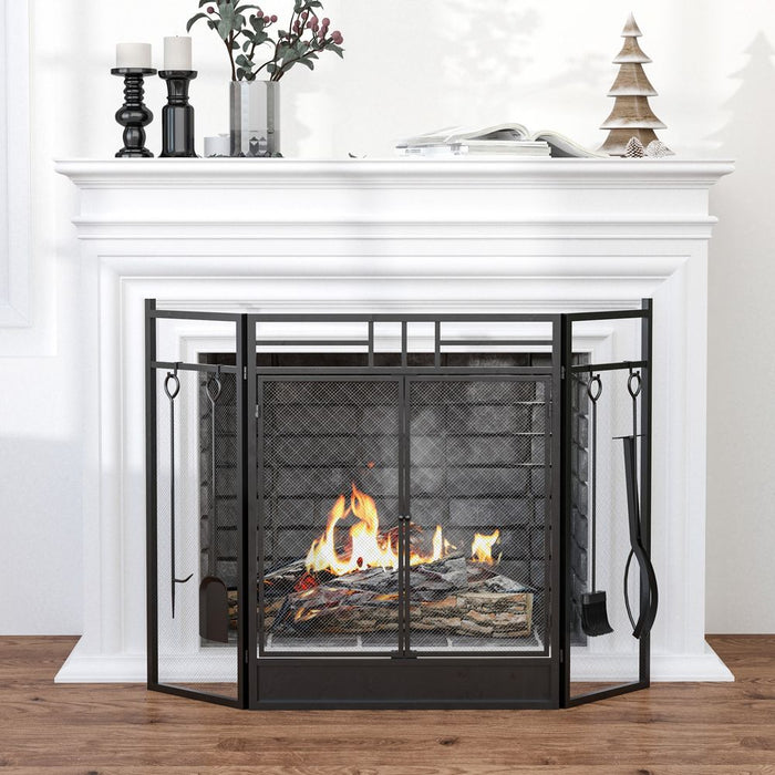 HOMCOM 3 Panel Double Door Fireplace Screen - High Quality Fire Accessory, Easy to Use & Store