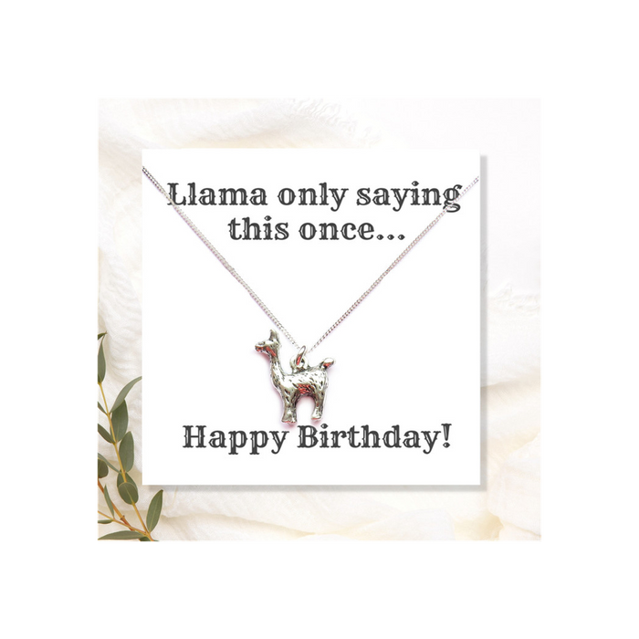 Happy Birthday Llama Necklace on Funny Message Card