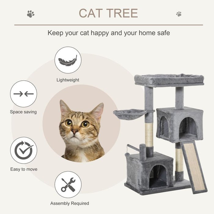 PawHut 111cm Cat Tree Tower for Indoor Cats, Cat Activity Centre with Scratching Posts and Pad, Hammock Condo Bed, Hanging Ball Toy, Grey