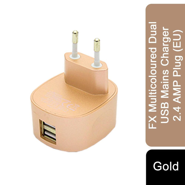 FX Multicoloured Dual USB Charger 2.4A EU Plug - Gold