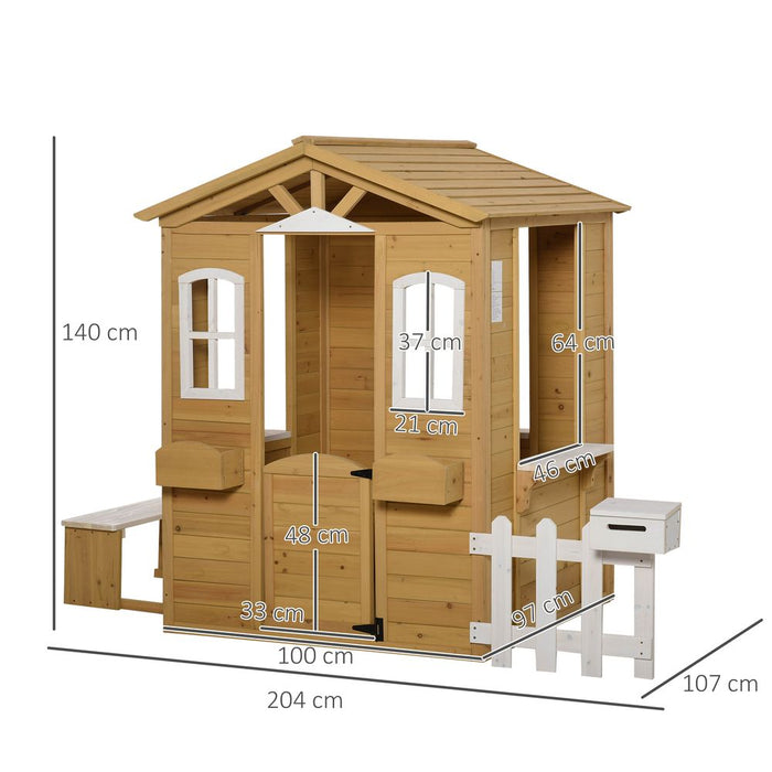 Outsunny Wooden Playhouse for Outdoor with Door Windows Mailbox Flower Pot Holder Serving Station Bench for Kids Children Toddlers Natural