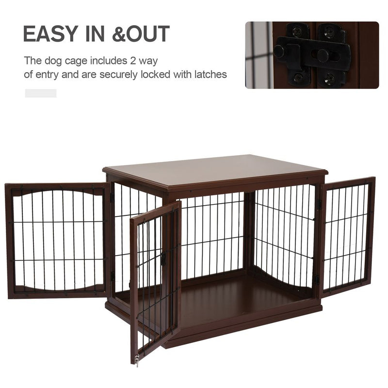 PawHut Dog Crate, Furniture Style Puppy Cage End Table, Pet Kennel House with 3 Doors for Small Dog, Brown 81 x 58.5 x 66 cm