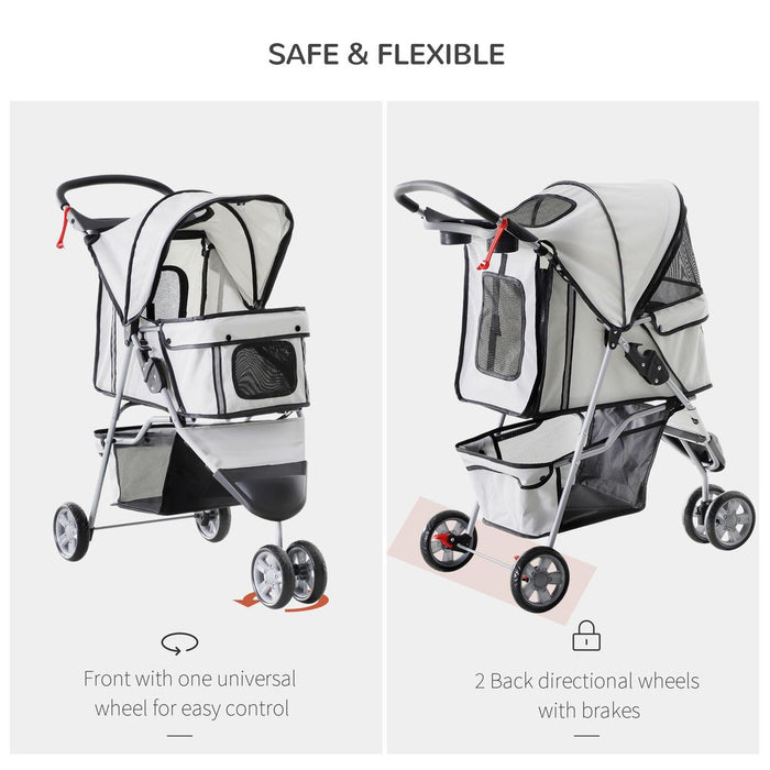 PawHut Pet Stroller for Small Dogs Cats Foldable Travel Carriage with Wheels Zipper Entry Cup Holder Storage Basket Grey