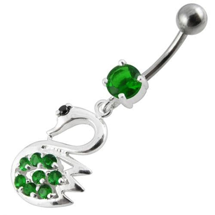 Fancy Jeweled Swan Silver Dangling Banana Bar Navel Body Ring