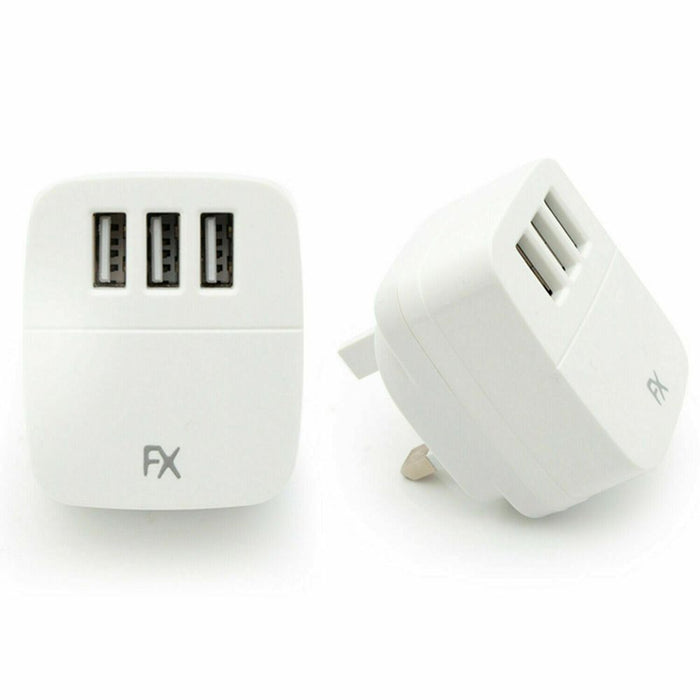 FX Powabud Mains USB Charger - 2 or 3 Port, 2.1Amp/3.1Amp - White - Simultaneous Charge - Intelligent IC Chip - Compact & Convenient