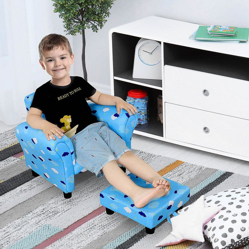 HOMCOM Cute Cloud Star Child Armchair Seat Wood Frame w/ Footrest Padding Blue