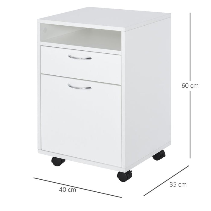 HOMCOM 60cm Storage Cabinet w/Drawer Open Shelf Metal Handles 4 Wheels Office Home Organiser Mobile Printer White