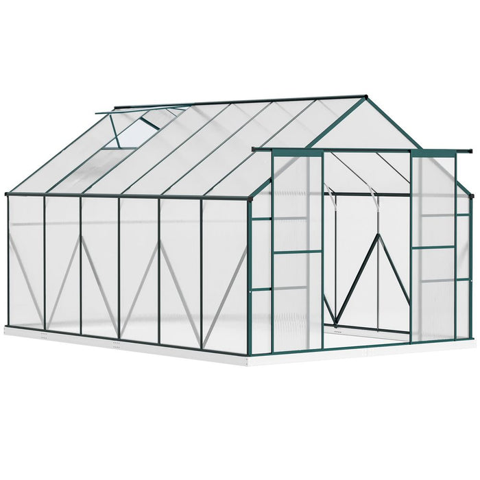 Outsunny 8 x 12ft Aluminium Greenhouse Polycarbonate Walk-in Garden Greenhouse Kit with Adjustable Roof Vent, Double Sliding Door, Rain Gutter and Foundation, Clear