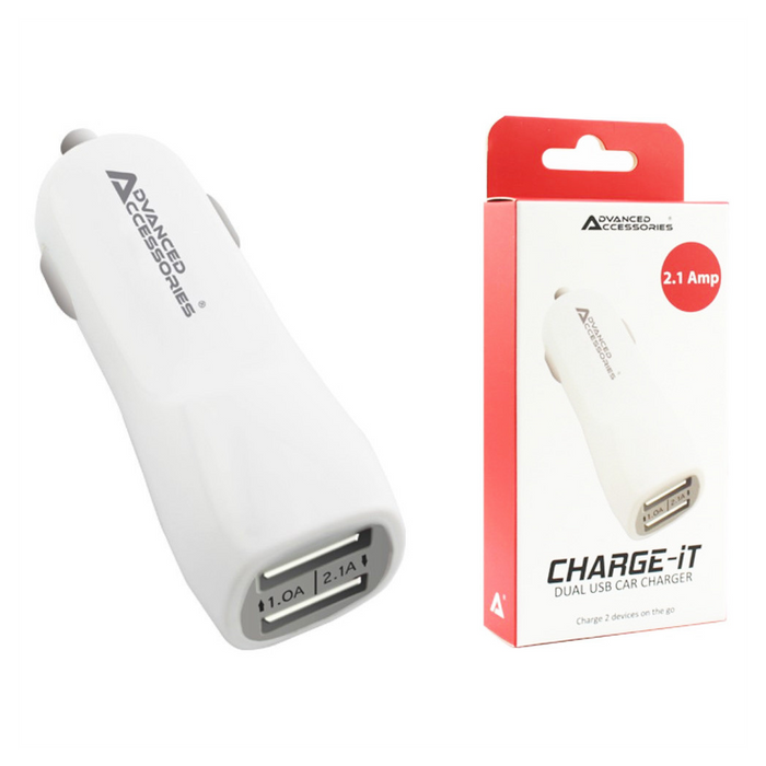 AA CHARGE-iT Premium Dual USB Car Charger - White | 2A and 1A USB Slots | Compatible with Phones, Tablets, Cameras, and More