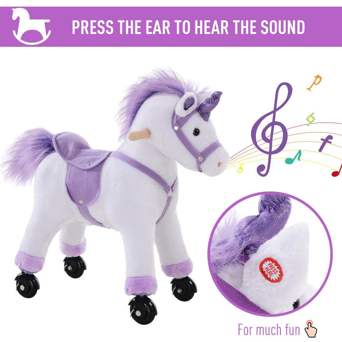 Soft Plush Unicorn Walking Horse Toy with Realistic Sound - Kids Ride-On with Handlebar