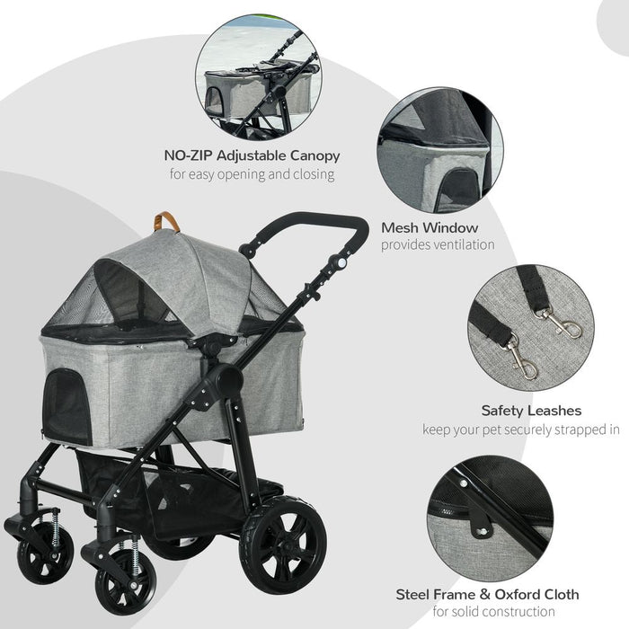 PawHut Dog Pram Dog Stroller Foldable Pet Pushchair with 4 Wheels, Safety Leashes, Cup Holder for Small Dogs, Grey