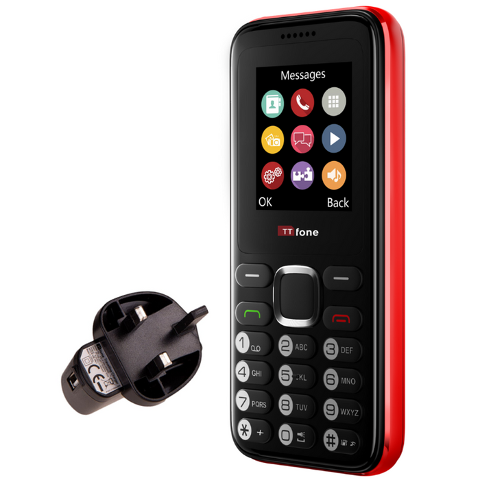 TTfone TT150 Red Dual SIM - High Quality Cheap Mobile Phone with Mains Charger, Giff Gaff Pay As You Go